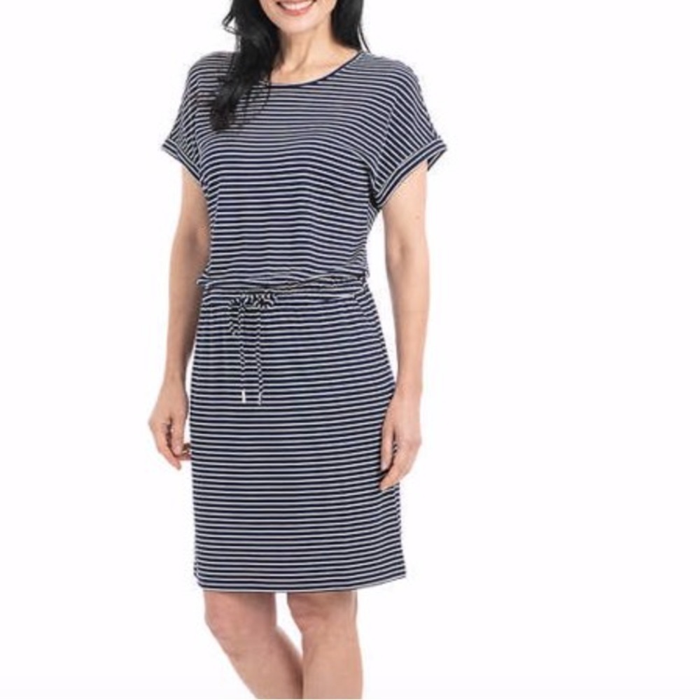 HILARY RADLEY Striped Drawstring Waist Dress Size Small in Navy and White Stripe